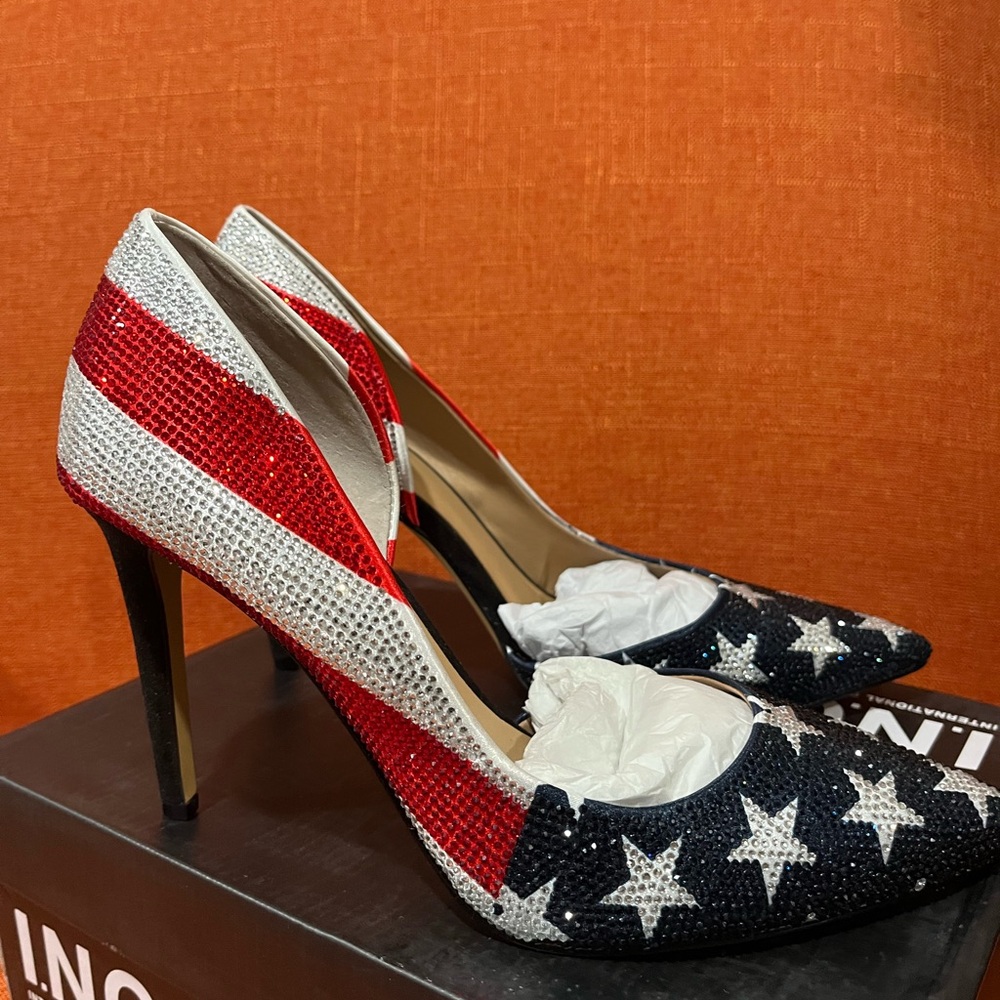 INC International Concepts Patriotic Red, White, and Blue Flag Heels - Picture 3 of 13